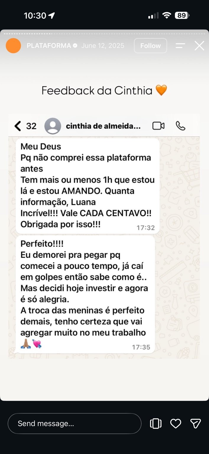 Feedback de aluna sobre a plataforma