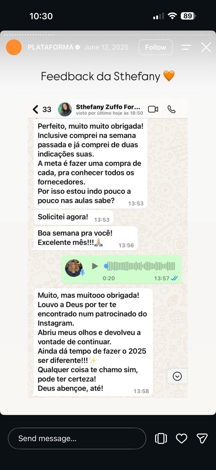 Feedback de aluna sobre fornecedores